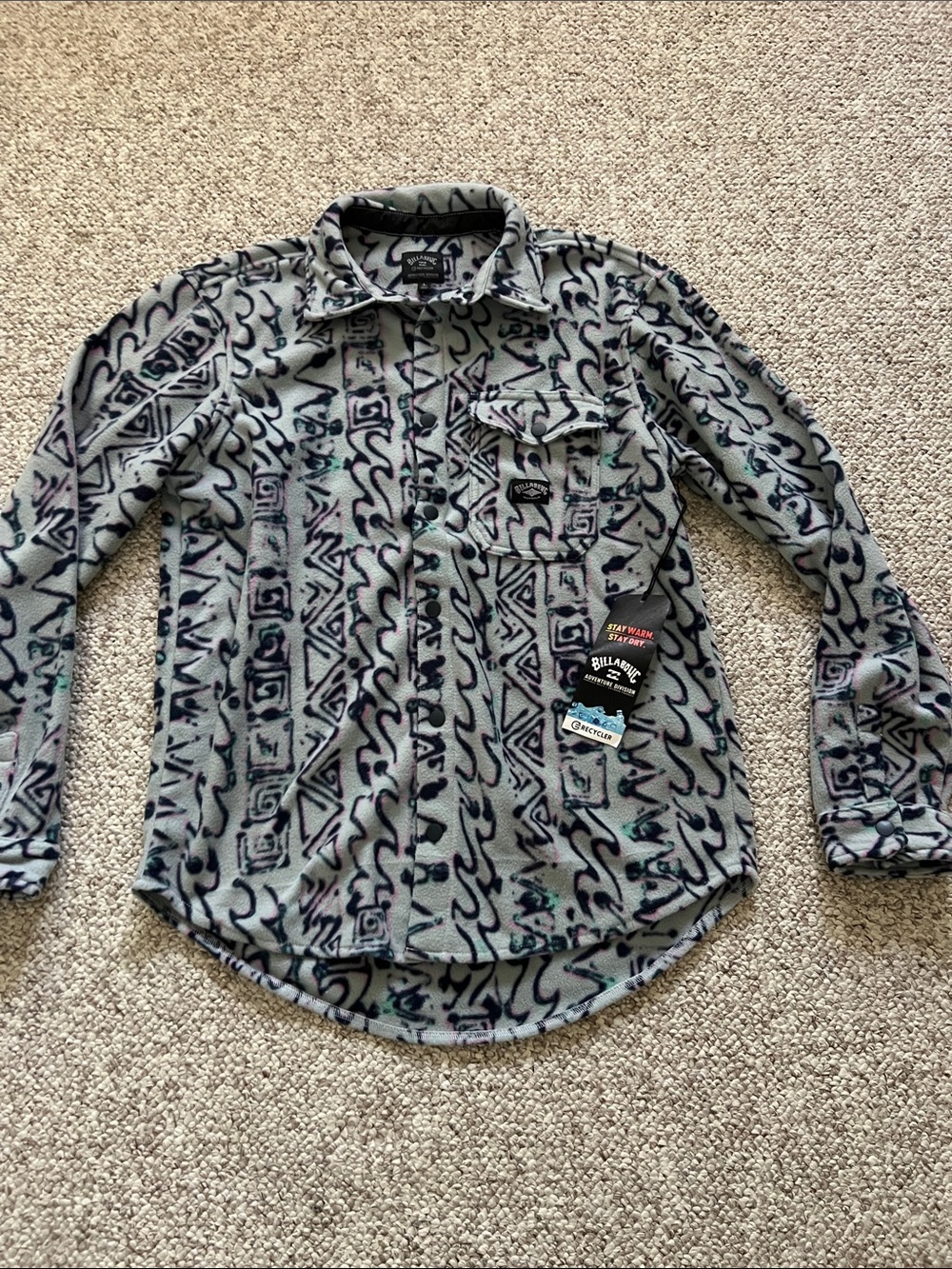 Billabong Gray Patterned Button-Up Fleece Shirt with Teal Accents